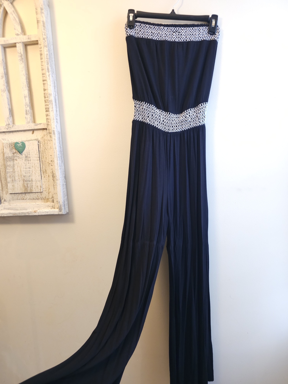 Mudd Navy Strapless Wide-Leg Jumpsuit with White Trim